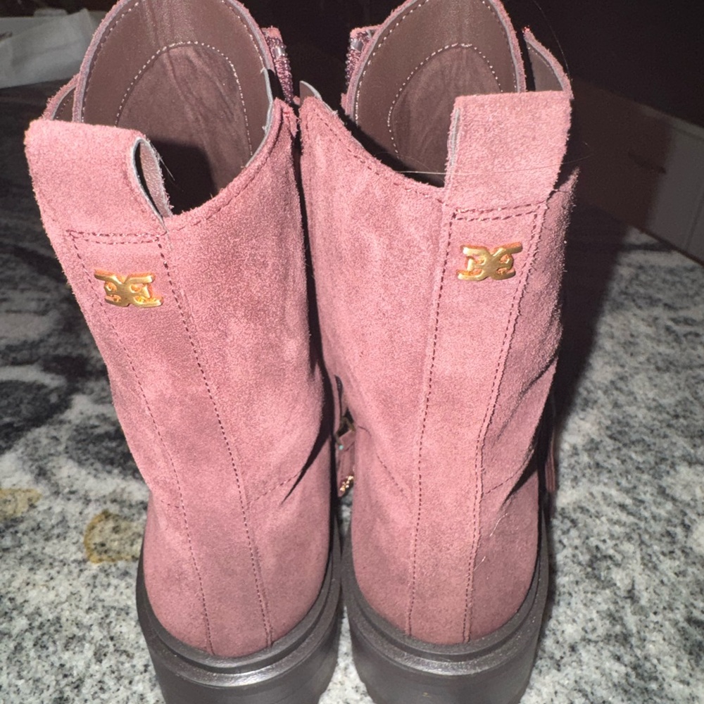 Sam Edelman Plum Suede Lace-Up Boots with Gold Accents - Picture 2 of 6